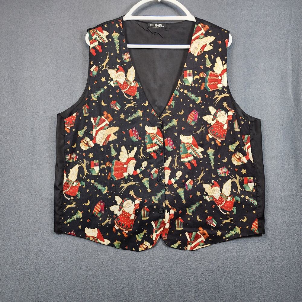 111 Main Womens Vest XXL 2XL Christmas Tree Santa Holiday Reindeer Office Vtg